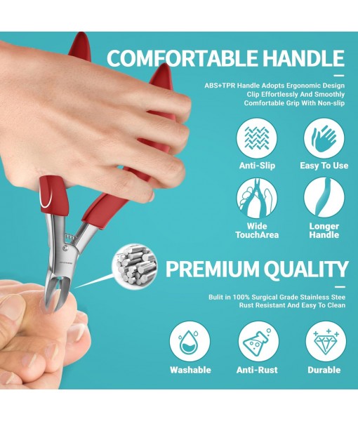 Nail Clippers Set - Ingrown Toenail Treatment & Toenail Clippers for Thick Nails,Heavy Duty Professional Toe Nail Clippers for Men/Elderly, Large Toenail Scissors with Safety Long Strong Handle (Red)